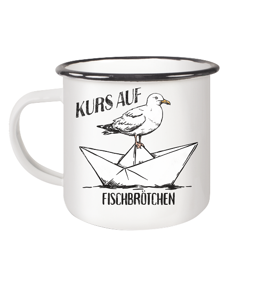 Kurs auf Fischbrötchen Papierschiff Möwe - Emaille Becher