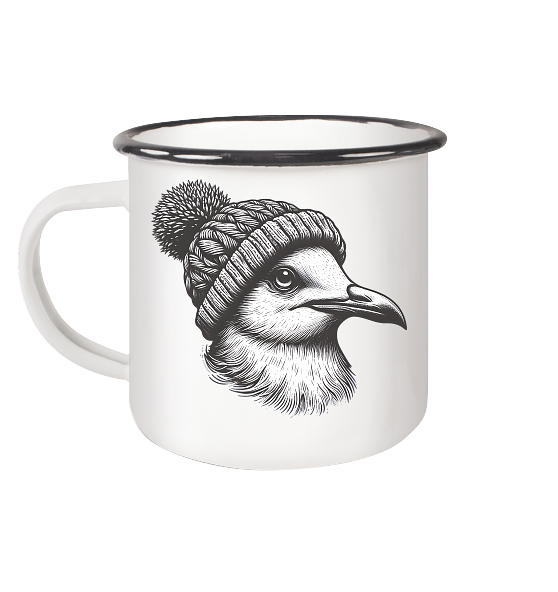 Coole Möwe mit Pudelmütze - Emaille Becher