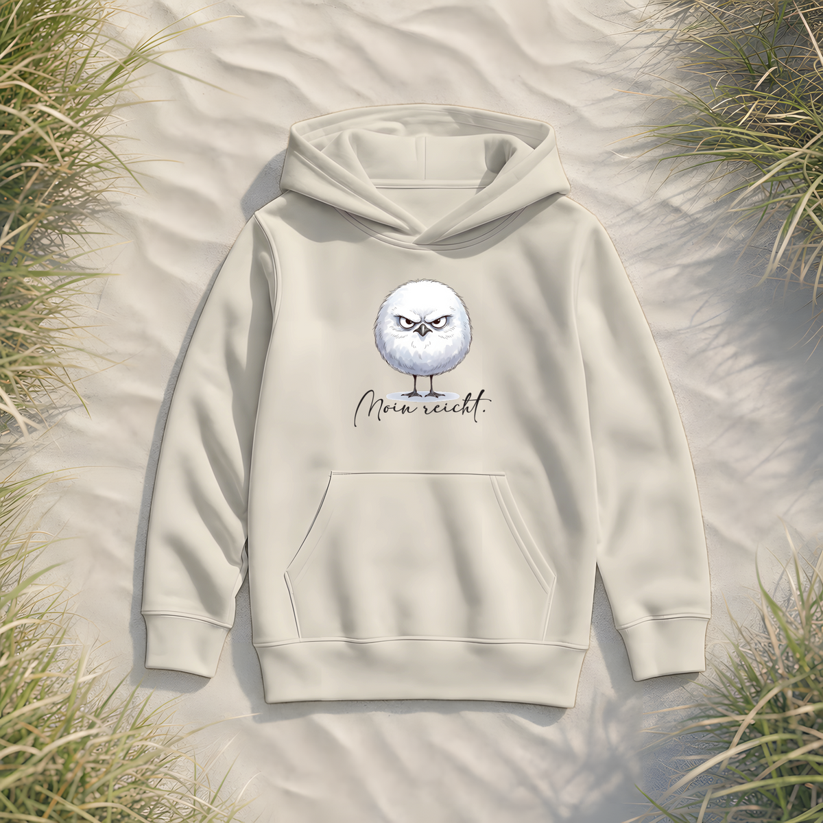 Moin reicht - Grimmige runde Möwe - Kids Organic Hoodie - Natural Raw - Küstenmode von Kiebitzdelle