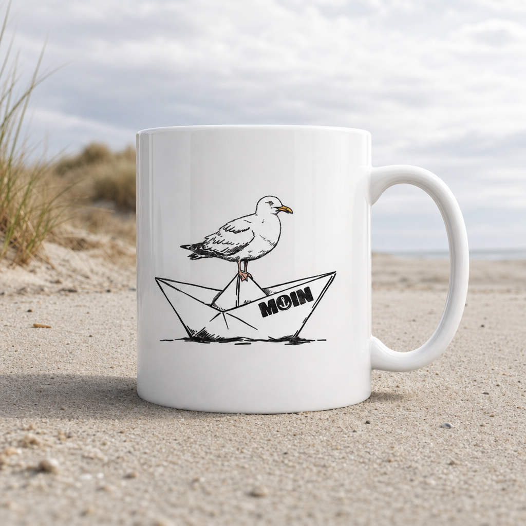 Papierschiff Möwe Moin - Tasse glänzend - White glossy - Küstenmode von Kiebitzdelle