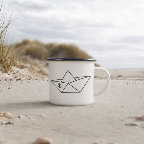 Papierschiff Papierboot Origami - Emaille Becher - White - Küstenmode von Kiebitzdelle