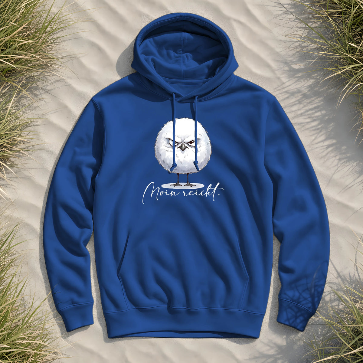 Moin reicht - Grimmige runde Möwe - Organic Hoodie B&C - Royal Blue - Küstenmode von Kiebitzdelle