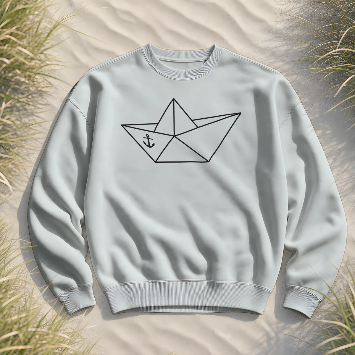 Papierschiff Papierboot Origami - Unisex Bio Pullover - Blue Ice - Küstenmode von Kiebitzdelle