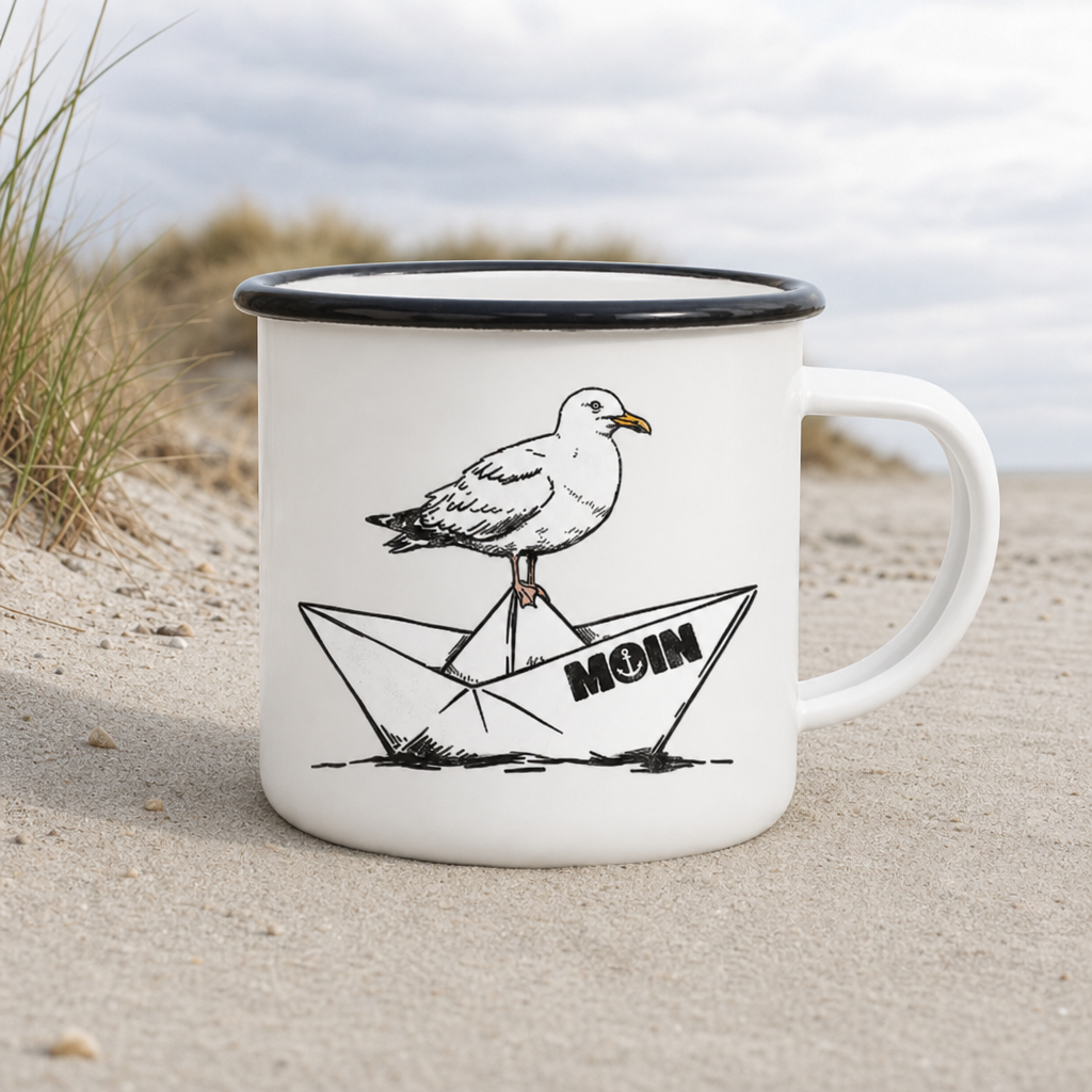 Papierschiff Möwe Moin - Emaille Becher - White - Küstenmode von Kiebitzdelle