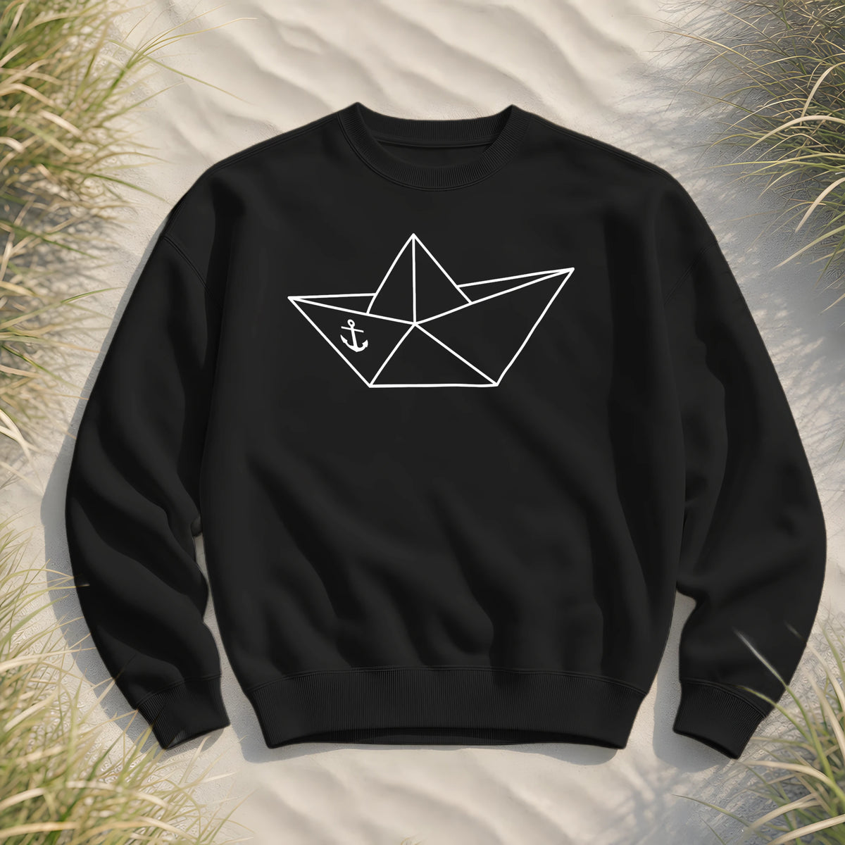 Papierschiff Papierboot Origami - Unisex Bio Pullover - Black - Küstenmode von Kiebitzdelle