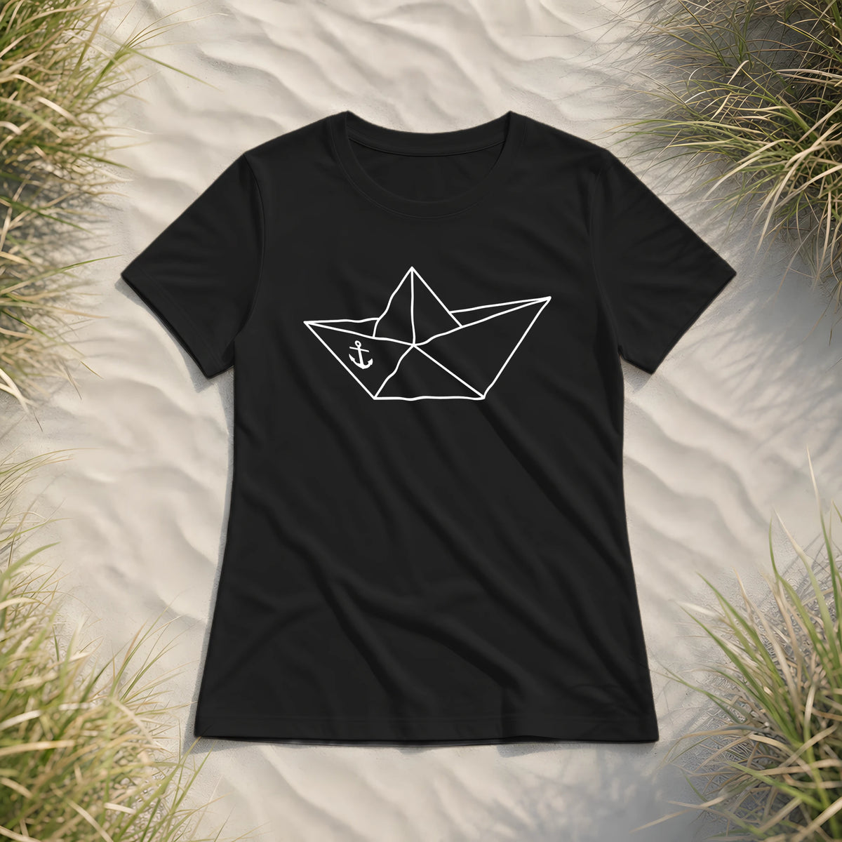 Papierschiff Papierboot Origami - Damen Premium Bio Shirt - Black - Küstenmode von Kiebitzdelle