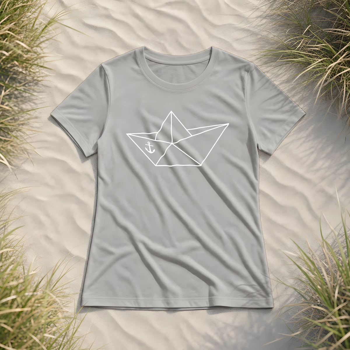 Papierschiff Papierboot Origami - Damen Premium Bio Shirt - Heather Grey - Küstenmode von Kiebitzdelle