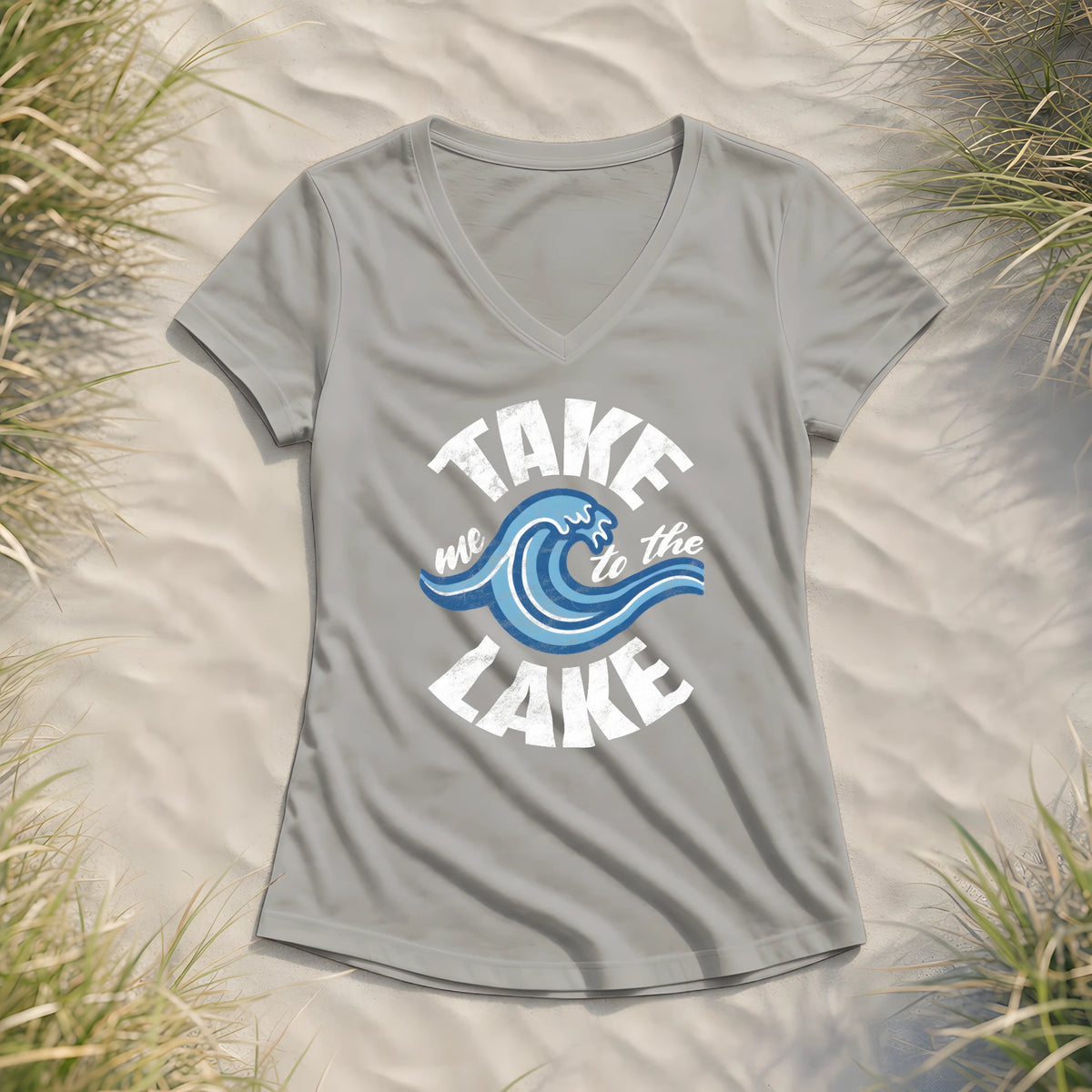 Take me to the Lake - Damen Bio V-Neck Shirt - Light Grey - Küstenmode von Kiebitzdelle
