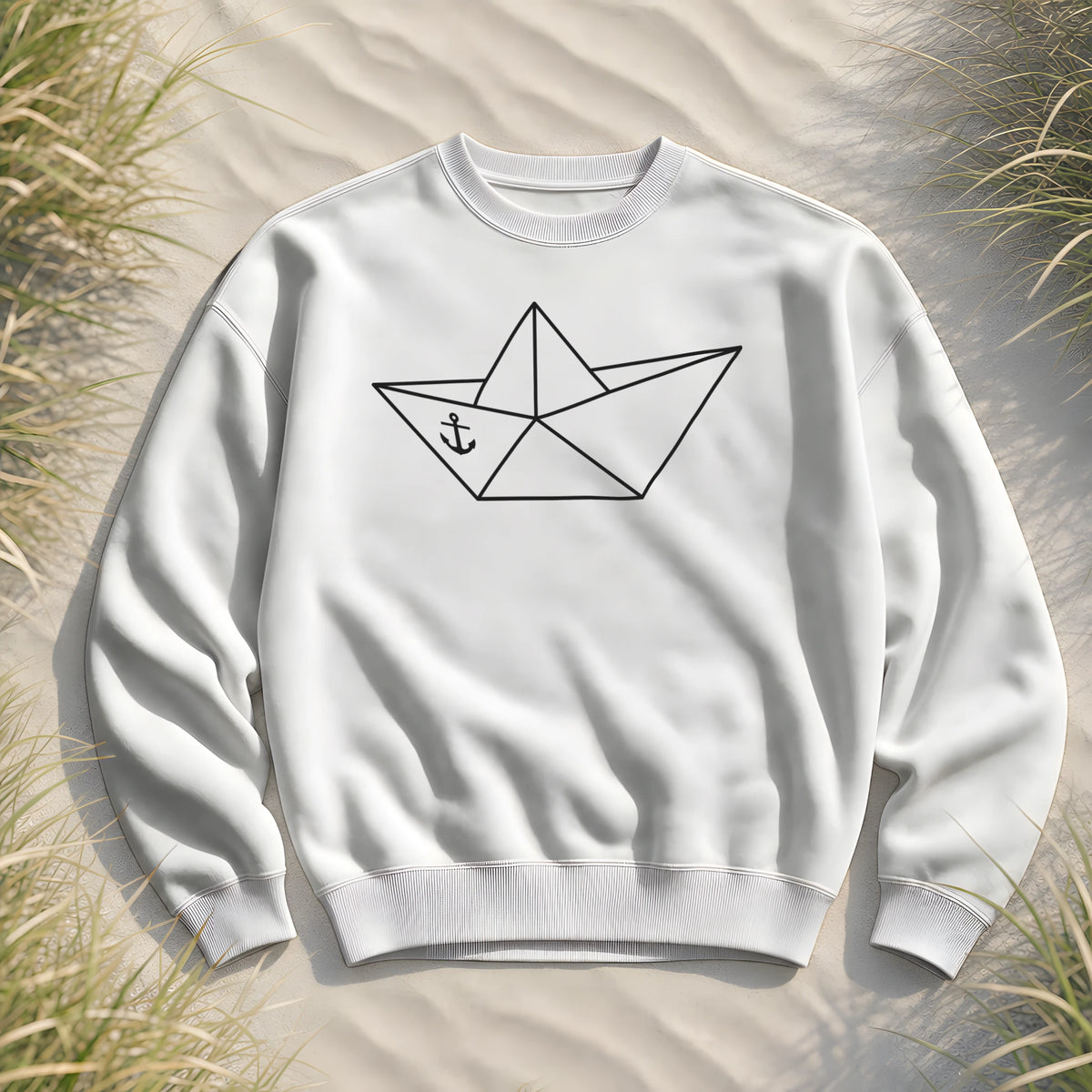 Papierschiff Papierboot Origami - Unisex Bio Pullover - White - Küstenmode von Kiebitzdelle