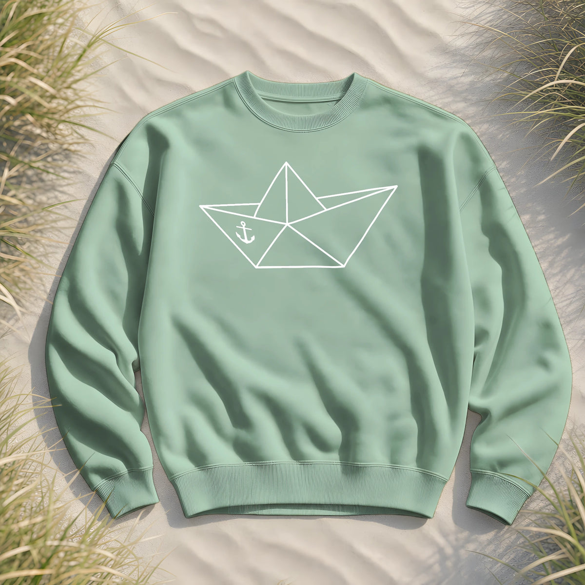 Papierschiff Papierboot Origami - Unisex Bio Pullover - Misty Jade - Küstenmode von Kiebitzdelle