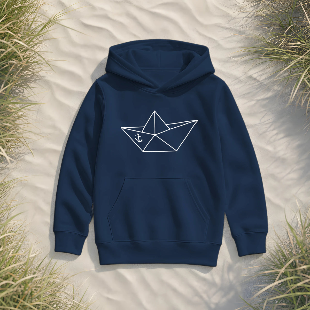 Papierschiff Papierboot Origami - Kinder Bio Hoodie - French Navy - Küstenmode von Kiebitzdelle