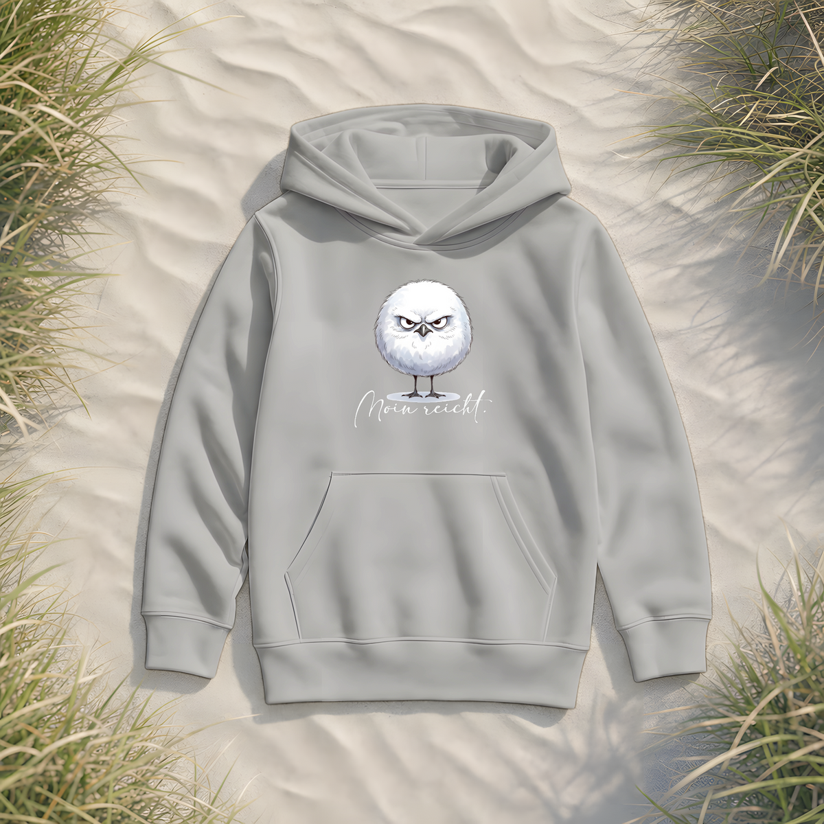 Moin reicht - Grimmige runde Möwe - Kids Organic Hoodie - Heather Grey - Küstenmode von Kiebitzdelle