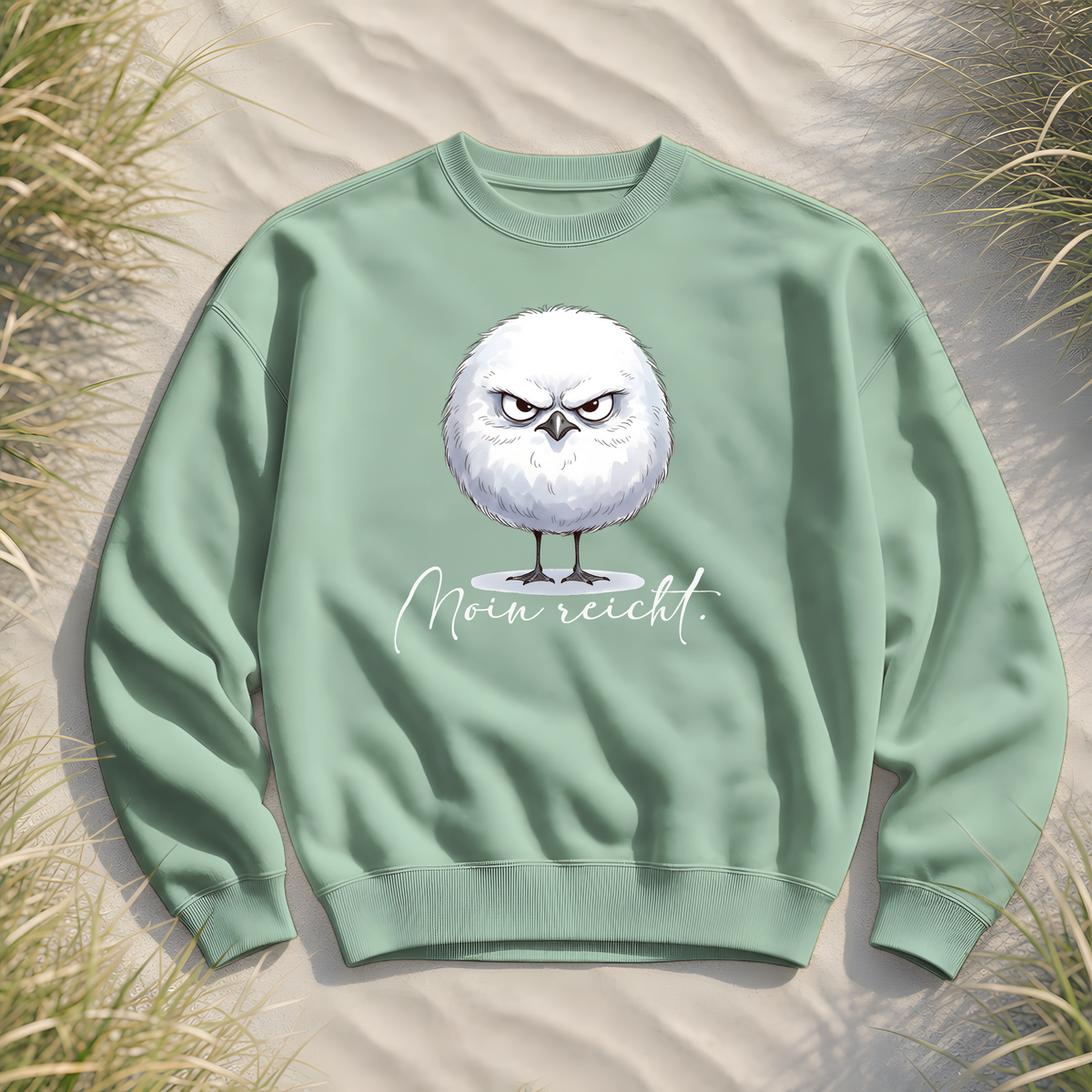 Moin reicht - Grimmige runde Möwe - Organic Oversize Sweatshirt - Misty Jade - Küstenmode von Kiebitzdelle