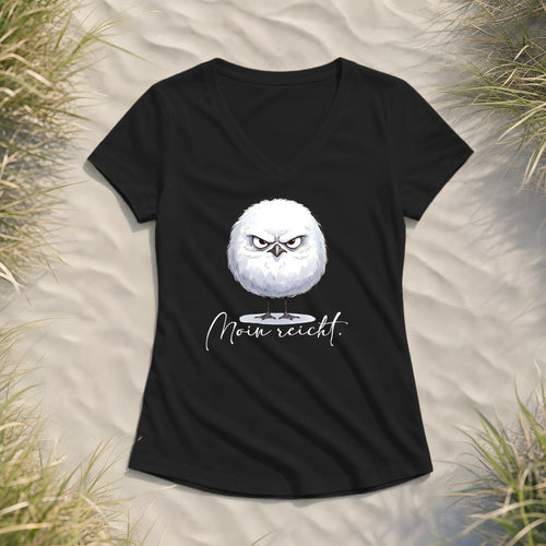 Moin reicht - Grimmige runde Möwe - Ladies V-Neck Shirt - Black - Küstenmode von Kiebitzdelle