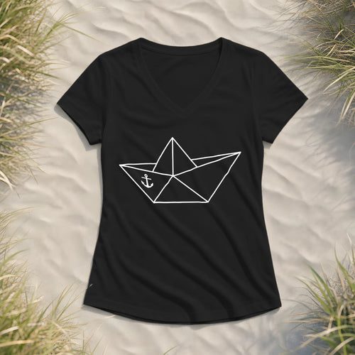 Papierschiff Papierboot Origami - Damen Bio V-Neck Shirt - Black - Küstenmode von Kiebitzdelle