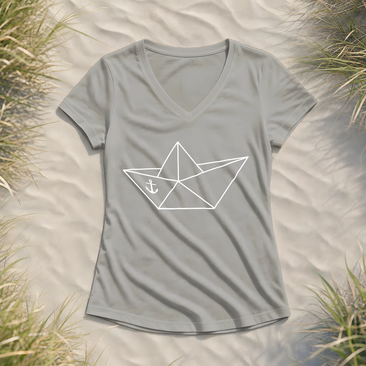 Papierschiff Papierboot Origami - Damen Bio V-Neck Shirt - Light Grey - Küstenmode von Kiebitzdelle