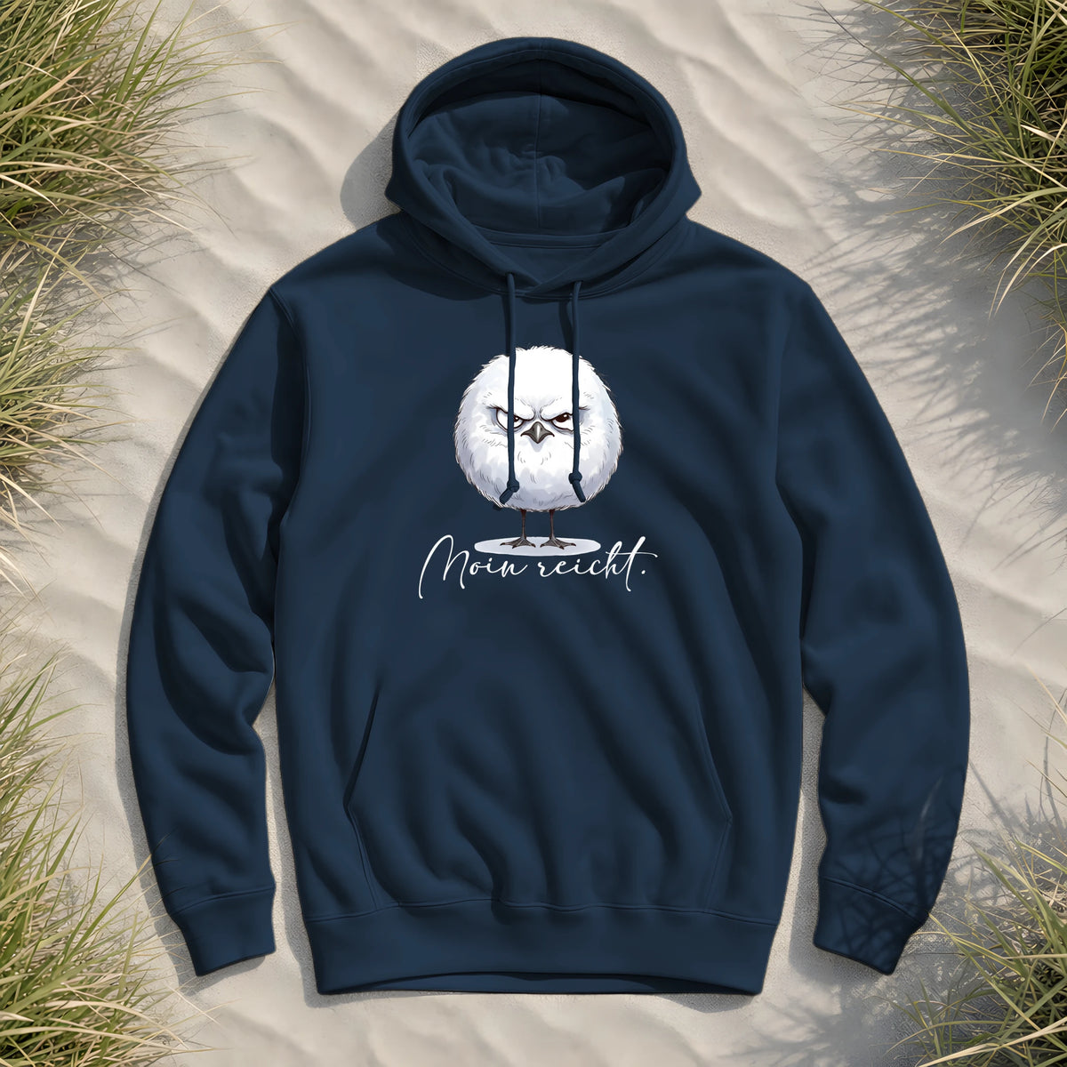 Moin reicht - Grimmige runde Möwe - Organic Hoodie B&C - Navy - Küstenmode von Kiebitzdelle