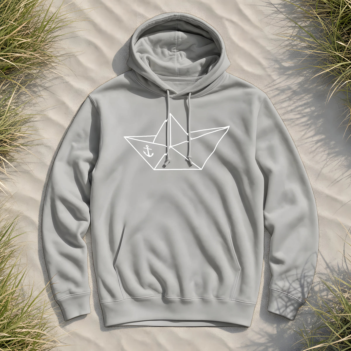Papierschiff Papierboot Origami - Herren Bio Hoodie - Heather Grey - Küstenmode von Kiebitzdelle