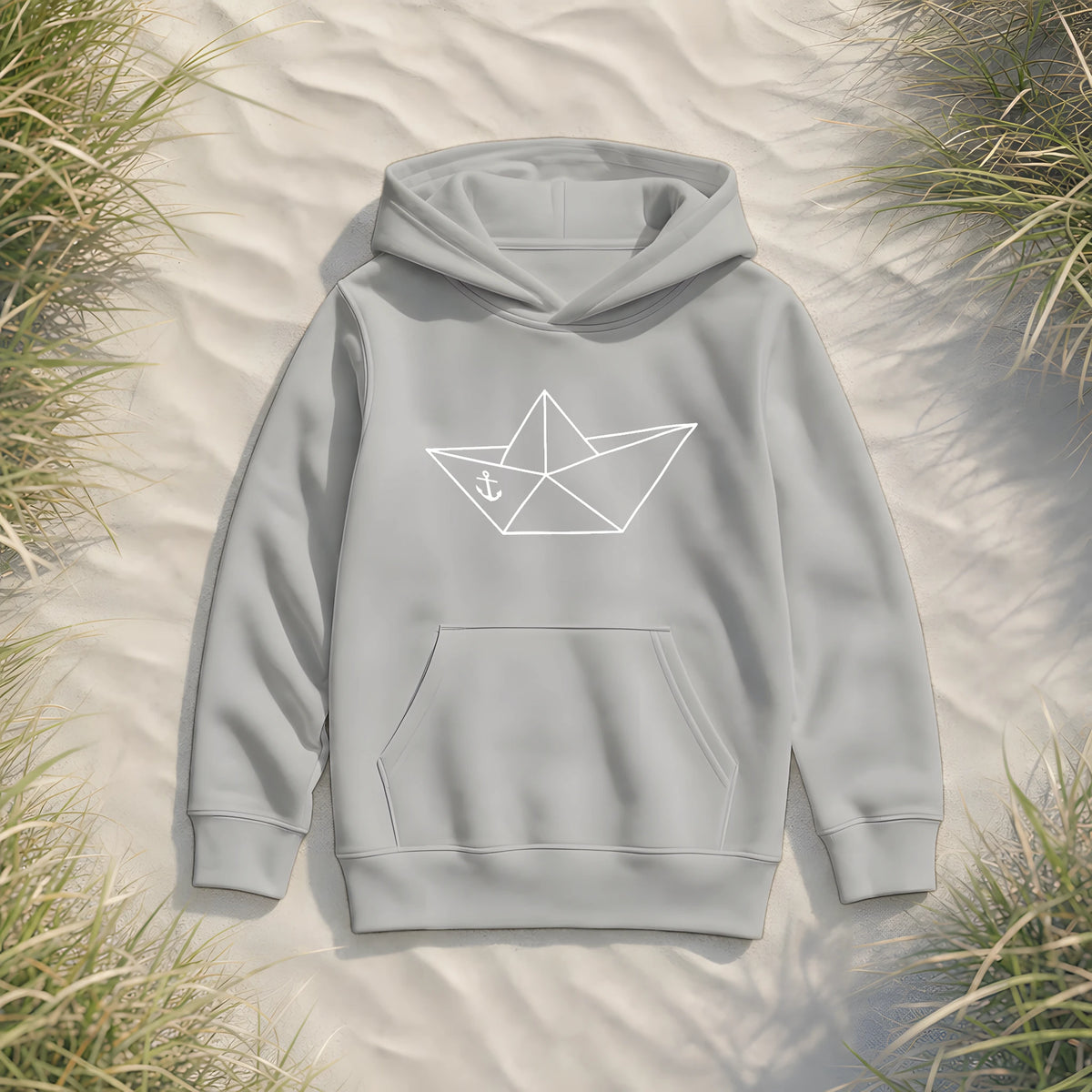 Papierschiff Papierboot Origami - Kinder Bio Hoodie - Heather Grey - Küstenmode von Kiebitzdelle