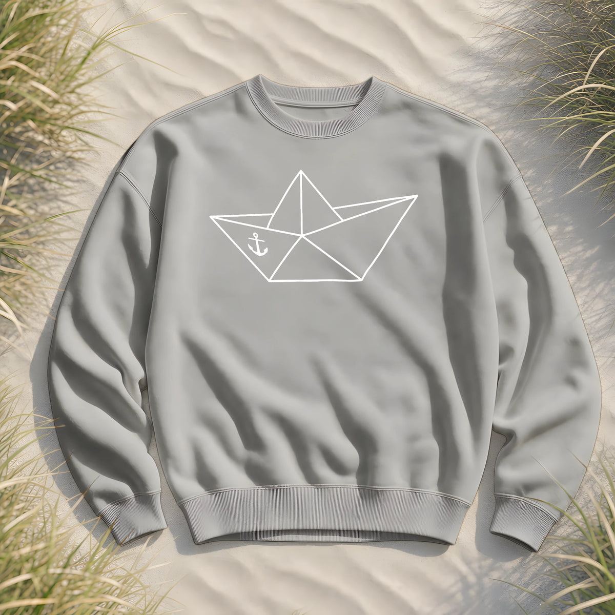 Papierschiff Papierboot Origami - Unisex Bio Pullover - Heather Grey - Küstenmode von Kiebitzdelle