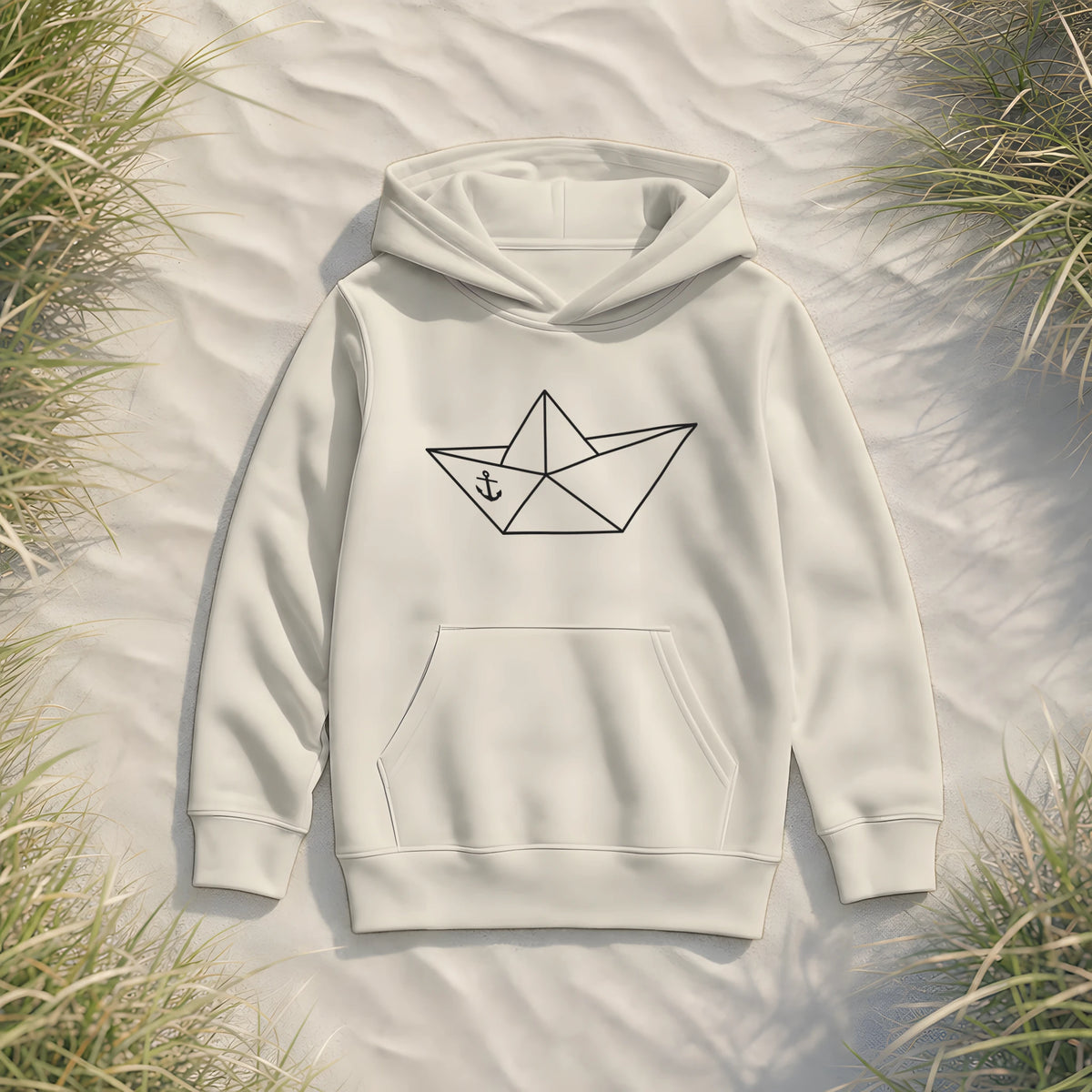 Papierschiff Papierboot Origami - Kinder Bio Hoodie - Natural Raw - Küstenmode von Kiebitzdelle
