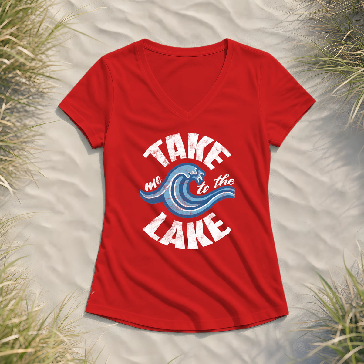 Take me to the Lake - Damen Bio V-Neck Shirt - Red - Küstenmode von Kiebitzdelle