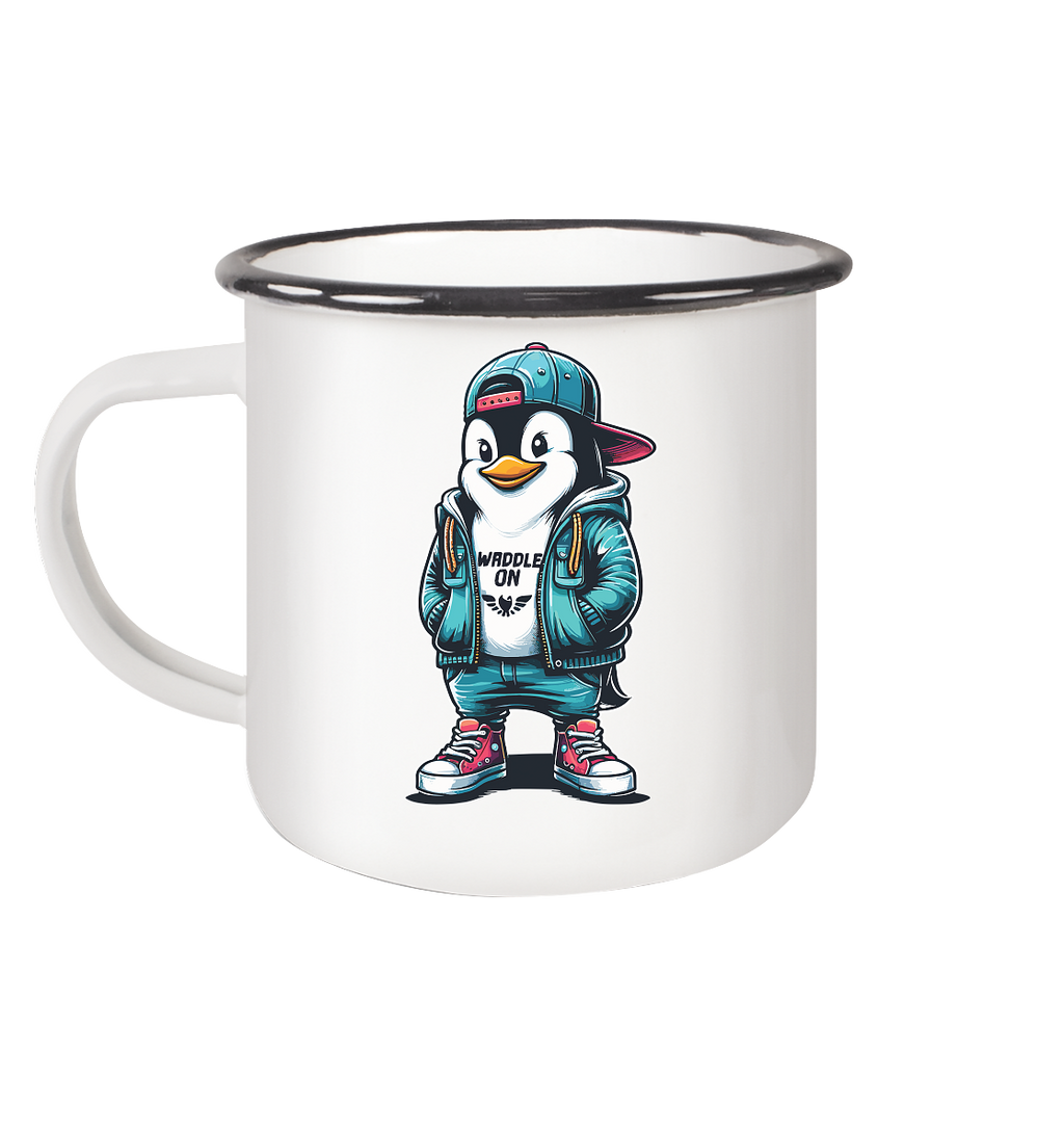 Hipster Pinguin Waddle On - Emaille Becher - Kiebitzdelle