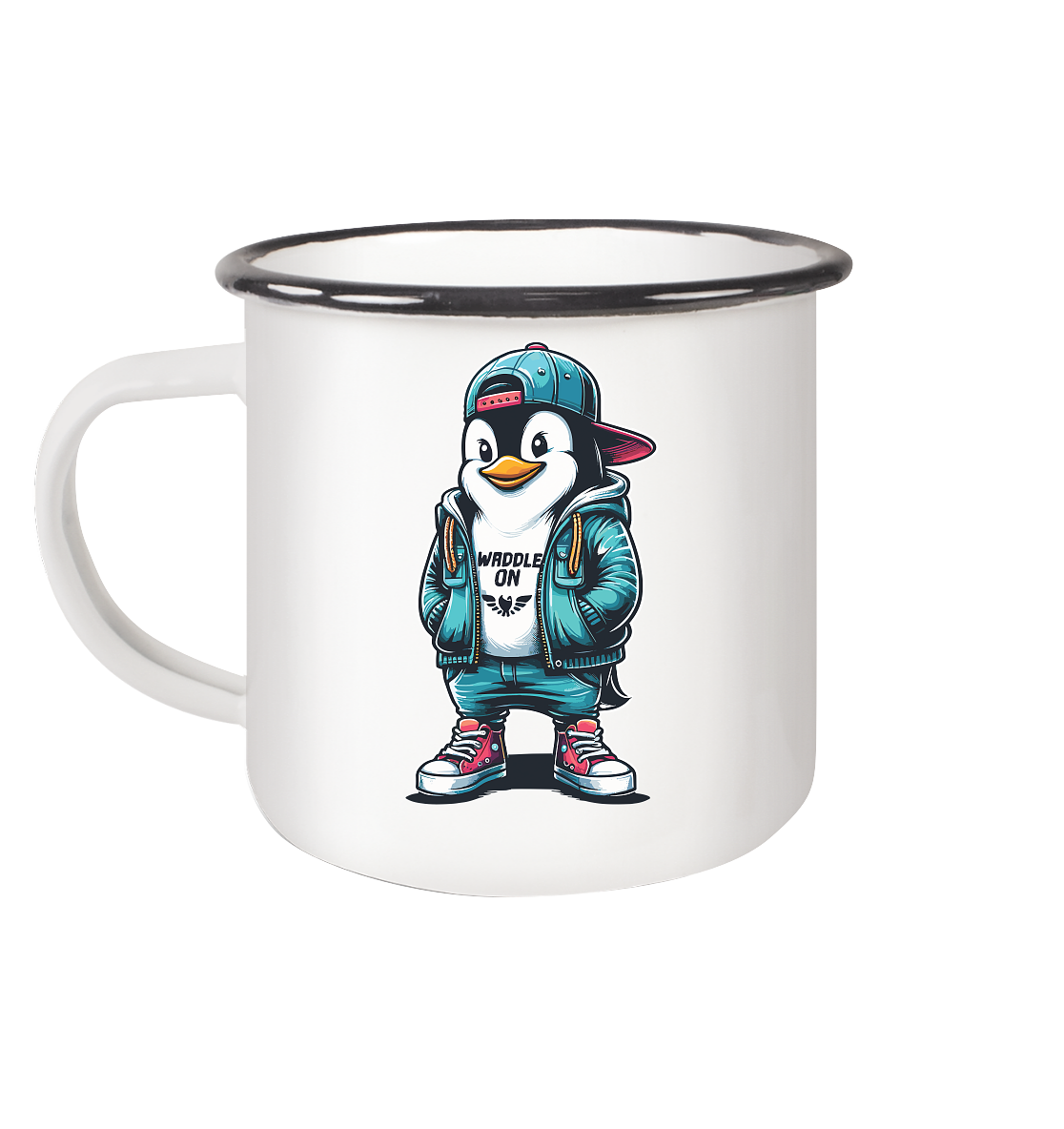 Hipster Pinguin Waddle On - Emaille Becher