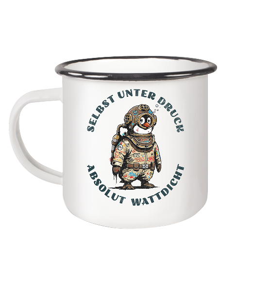 Wattdicht Pinguin Taucher mit lustigem Spruch - Emaille Becher - Kiebitzdelle