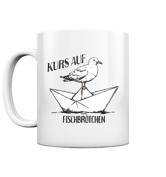 Kurs auf Fischbrötchen Papierschiff Möwe - Tasse glänzend - Kiebitzdelle