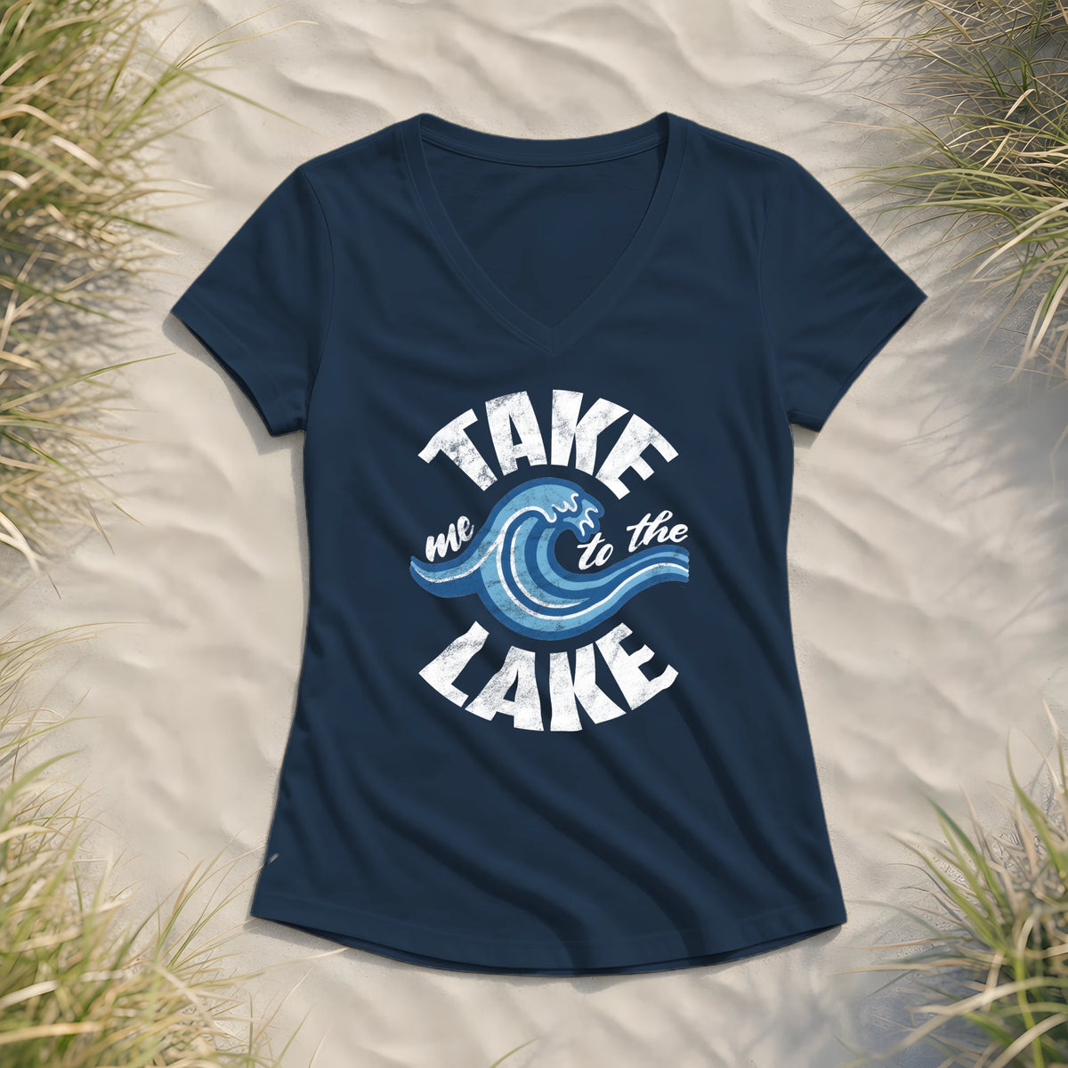 Take me to the Lake - Damen Bio V-Neck Shirt - Navy - Küstenmode von Kiebitzdelle