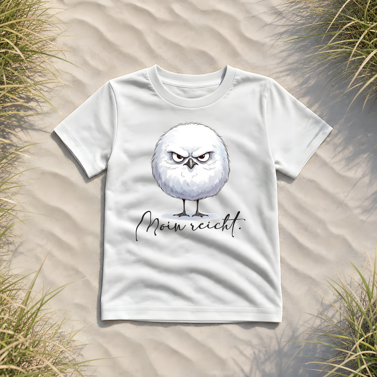 Moin reicht - Grimmige runde Möwe - Kids Organic Shirt - White - Küstenmode von Kiebitzdelle