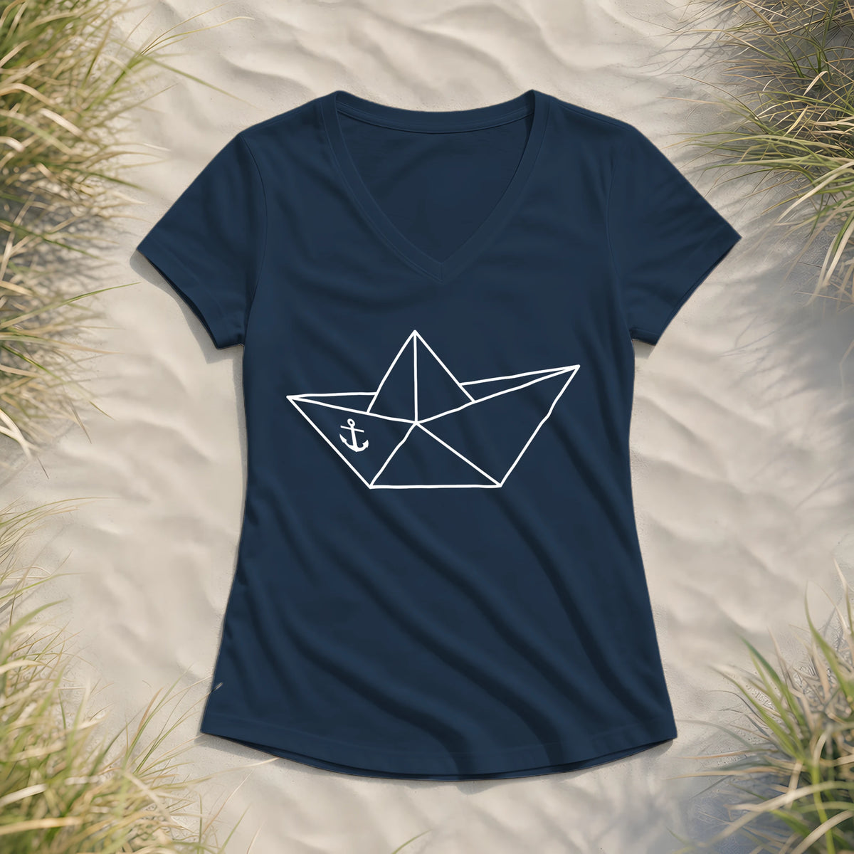 Papierschiff Papierboot Origami - Damen Bio V-Neck Shirt - Navy - Küstenmode von Kiebitzdelle