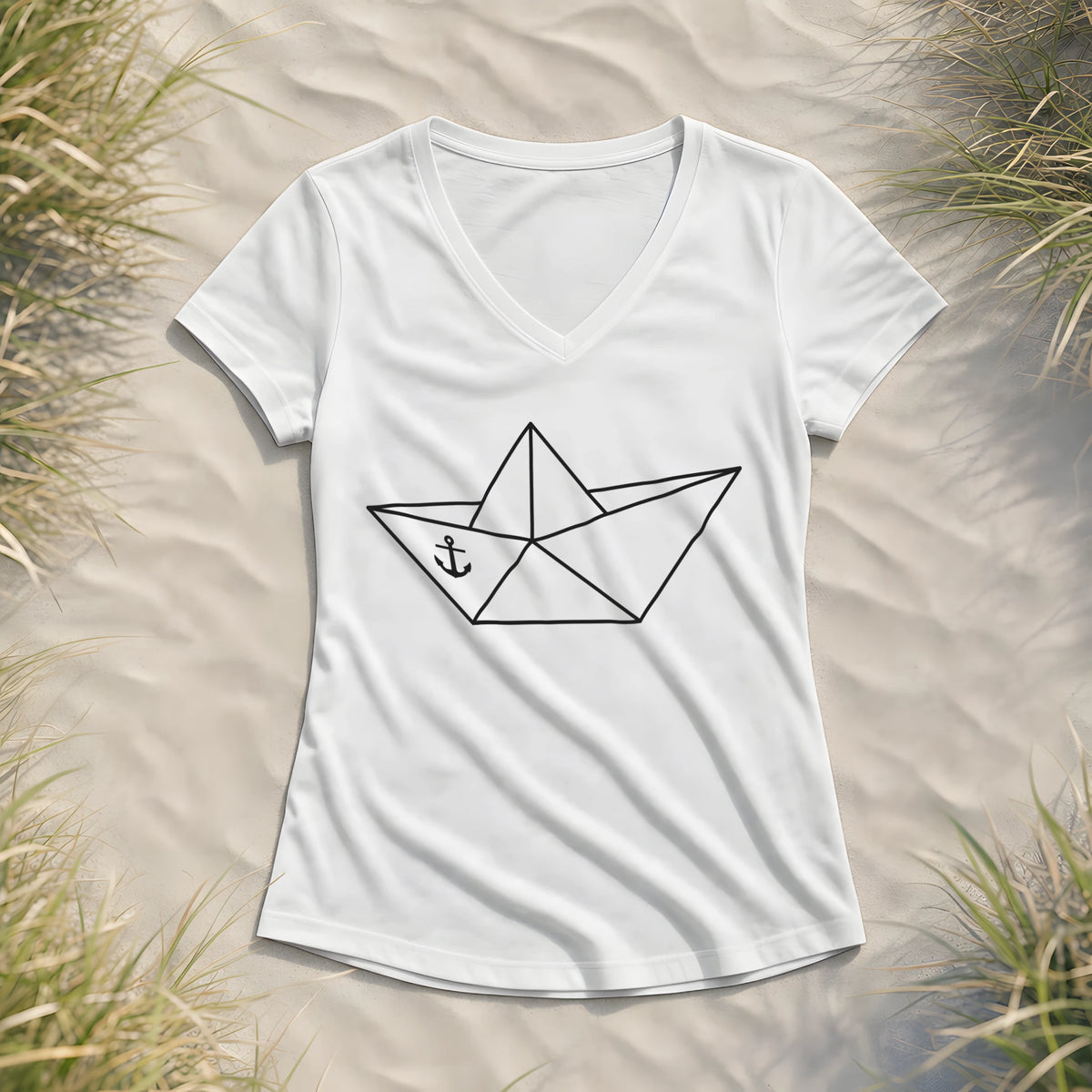 Papierschiff Papierboot Origami - Damen Bio V-Neck Shirt - White - Küstenmode von Kiebitzdelle