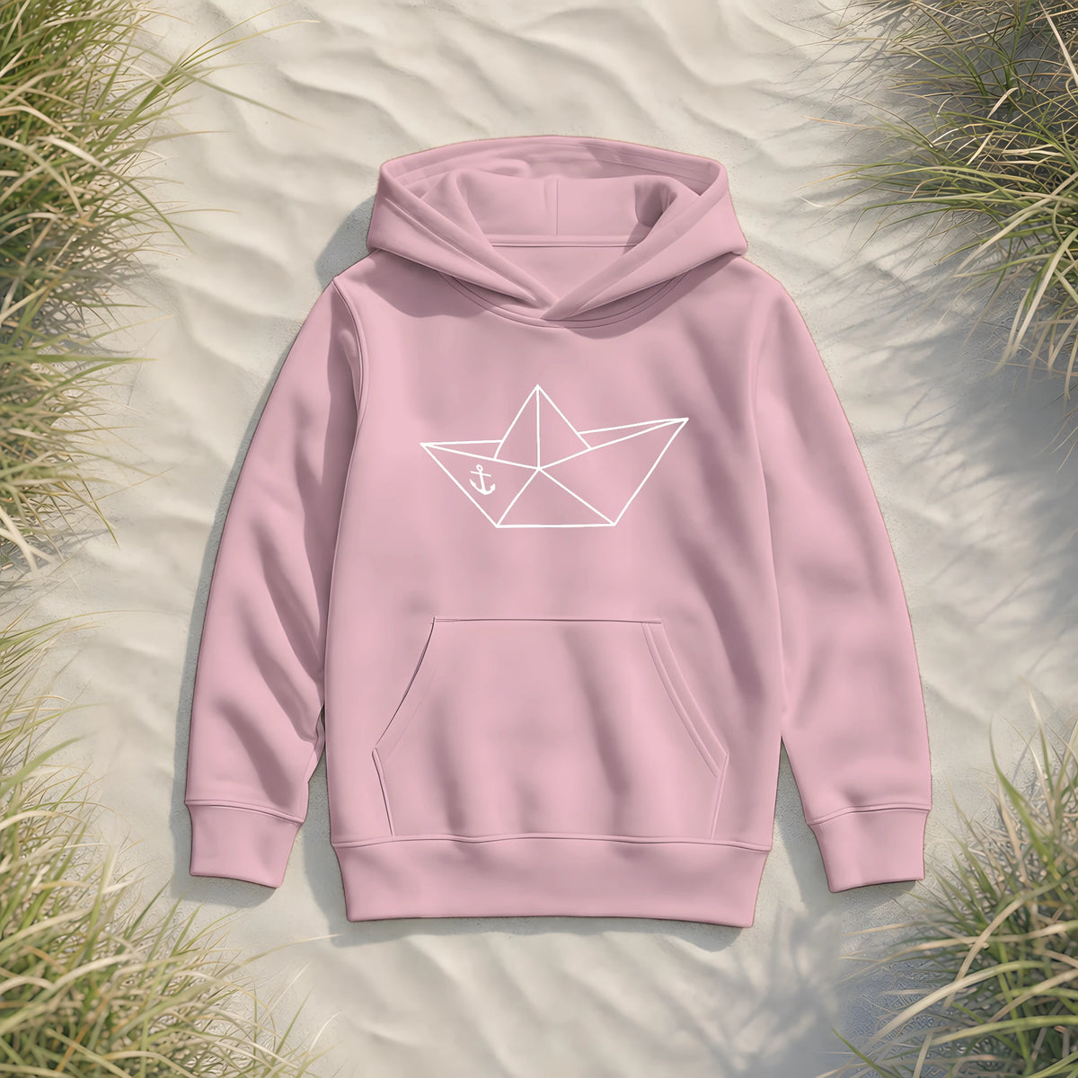 Papierschiff Papierboot Origami - Kinder Bio Hoodie - Cotton Pink - Küstenmode von Kiebitzdelle