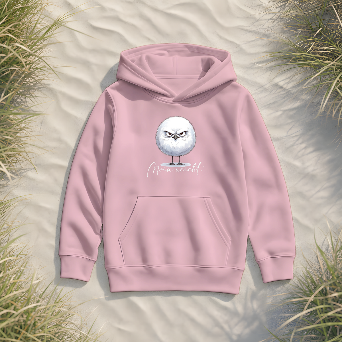 Moin reicht - Grimmige runde Möwe - Kids Organic Hoodie - Cotton Pink - Küstenmode von Kiebitzdelle