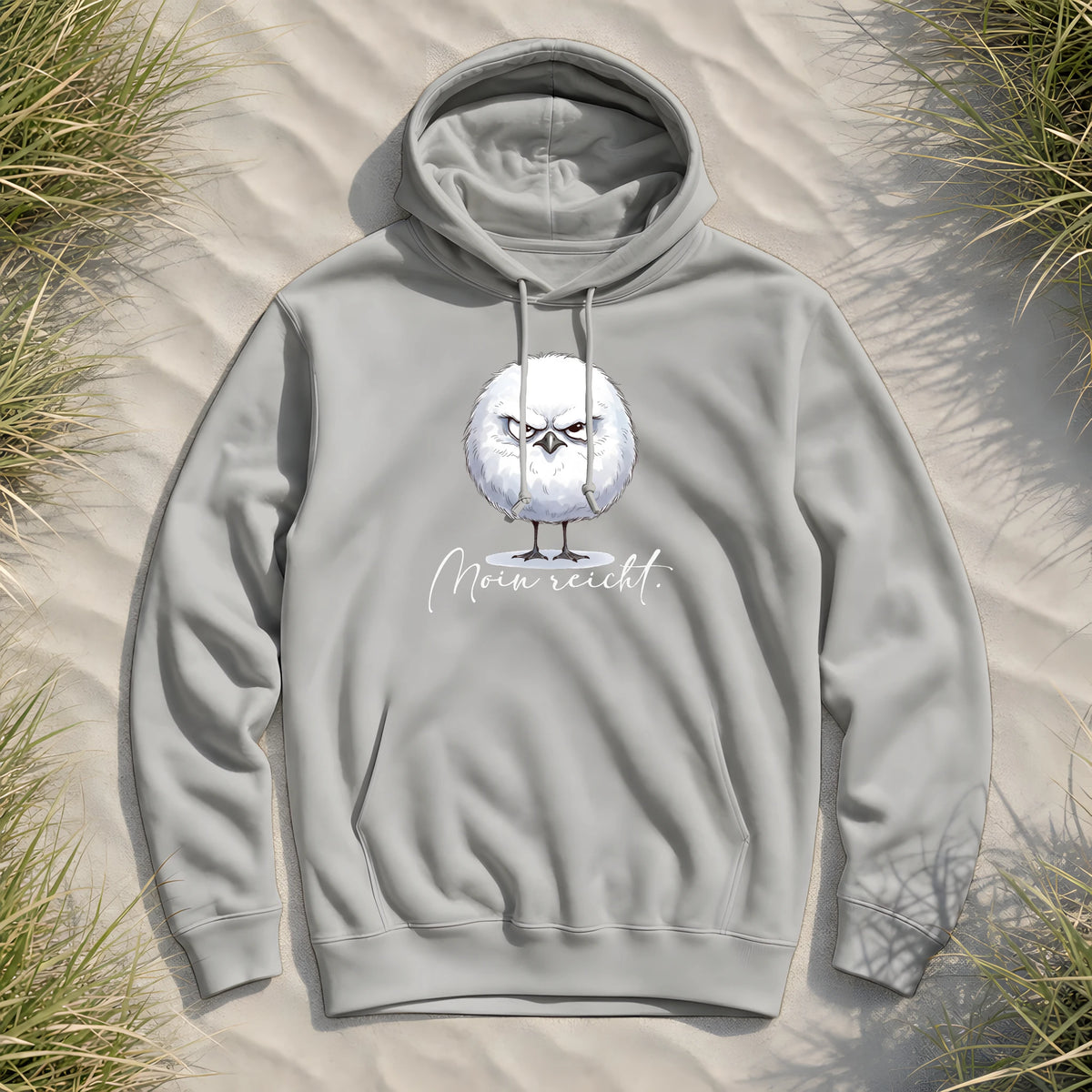 Moin reicht - Grimmige runde Möwe - Organic Hoodie B&C - Heather Grey - Küstenmode von Kiebitzdelle