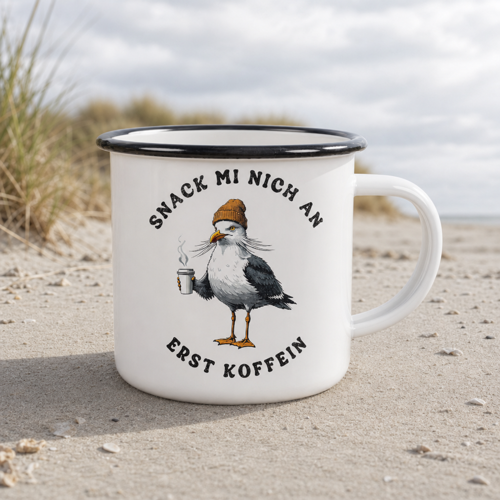 Snack mi nich an erst Koffein Möwe Spruch - Emaille Becher - White - Küstenmode von Kiebitzdelle