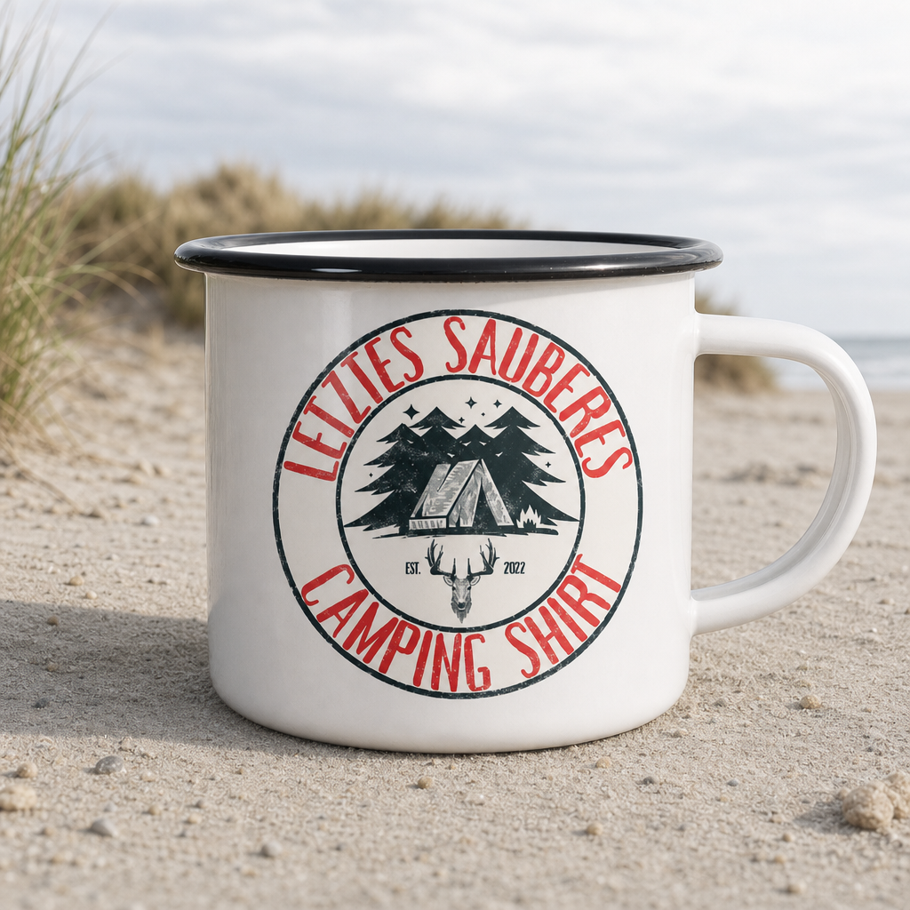 Letztes sauberes Camping Shirt - Emaille Becher - White - Küstenmode von Kiebitzdelle