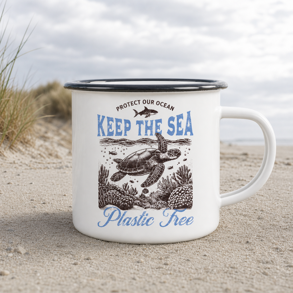 Keep the Sea Plastic Free Umweltschutz Spruch - Emaille Becher - White - Küstenmode von Kiebitzdelle