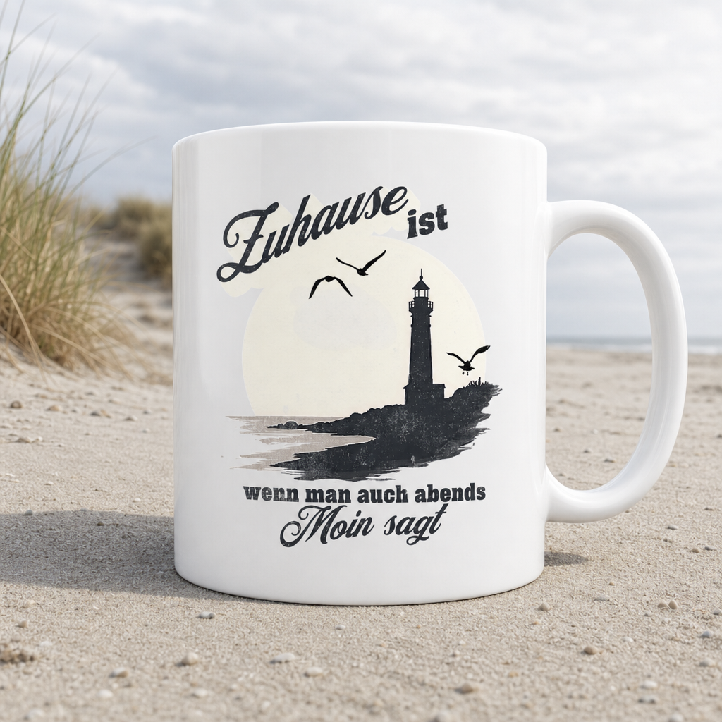 Moin Spruch Zuhause - Tasse glänzend - White glossy - Küstenmode von Kiebitzdelle