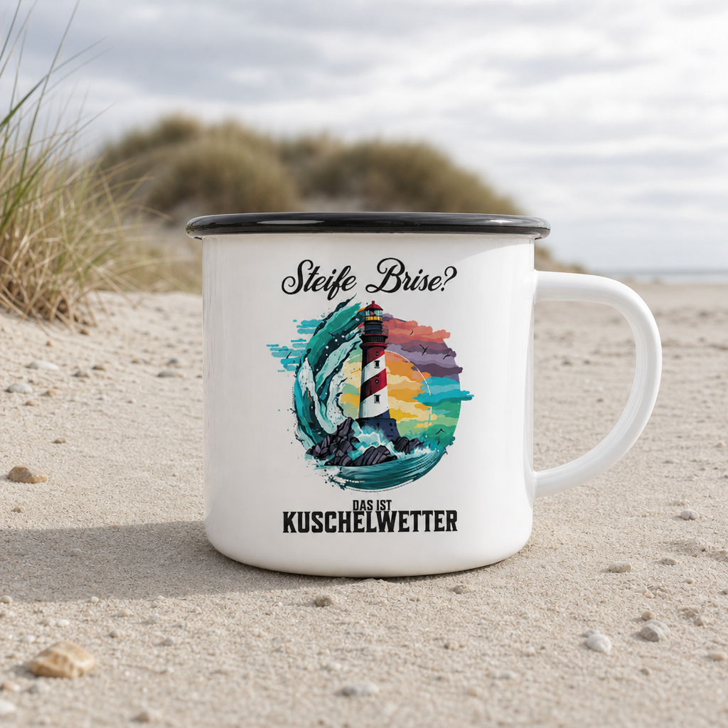 Steife Brise das ist Kuschelwetter Nordsee Spruch - Emaille Becher - White - Küstenmode von Kiebitzdelle