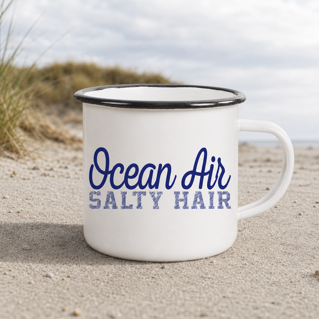 Ocean Air Salty Hair - Emaille Becher - White - Küstenmode von Kiebitzdelle