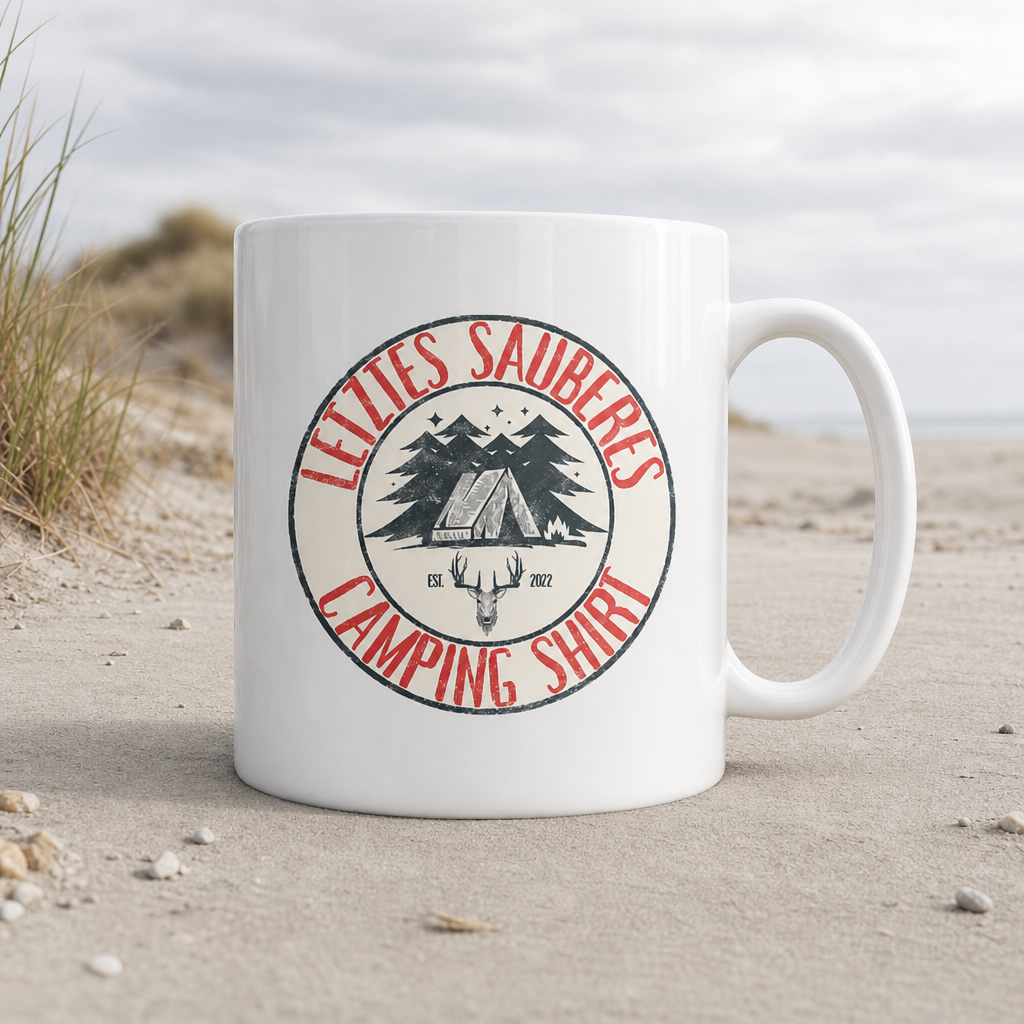 Letztes sauberes Camping Shirt - Tasse glänzend - White glossy - Küstenmode von Kiebitzdelle