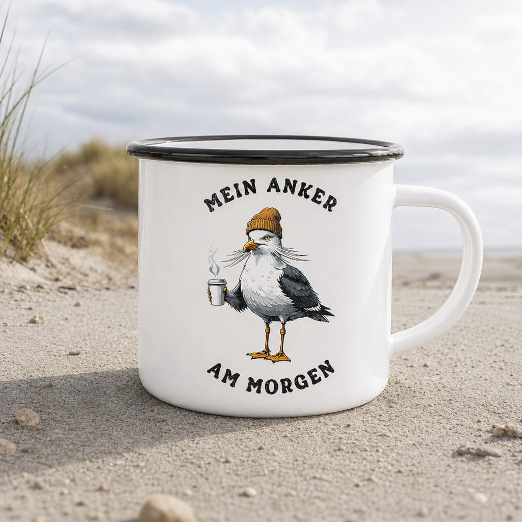 Mein Anker am Morgen Kaffee Möwe - Emaille Becher - White - Küstenmode von Kiebitzdelle