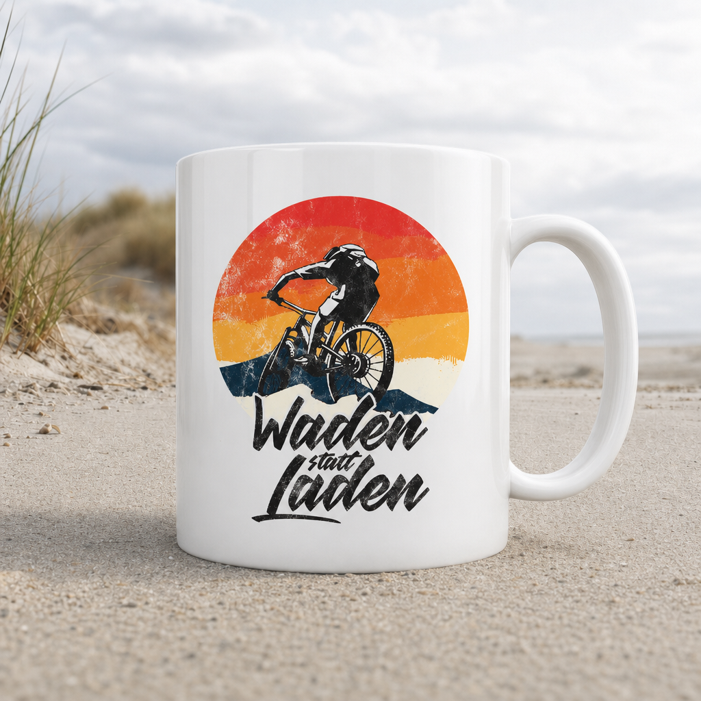 Waden statt Laden Fahrrad E-Bike Radtrikot - Tasse glänzend - White glossy - Küstenmode von Kiebitzdelle
