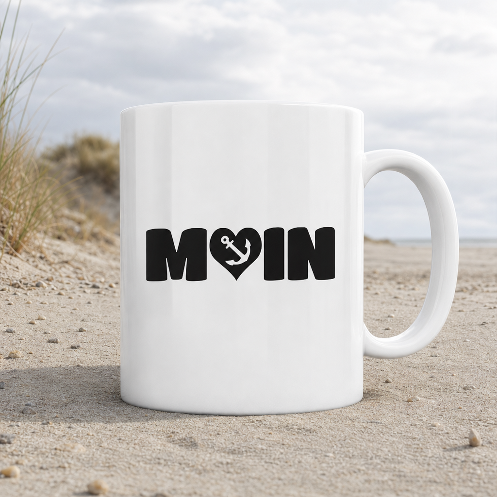 Moin Spruch mit Herz Anker - Tasse glänzend - White glossy - Küstenmode von Kiebitzdelle