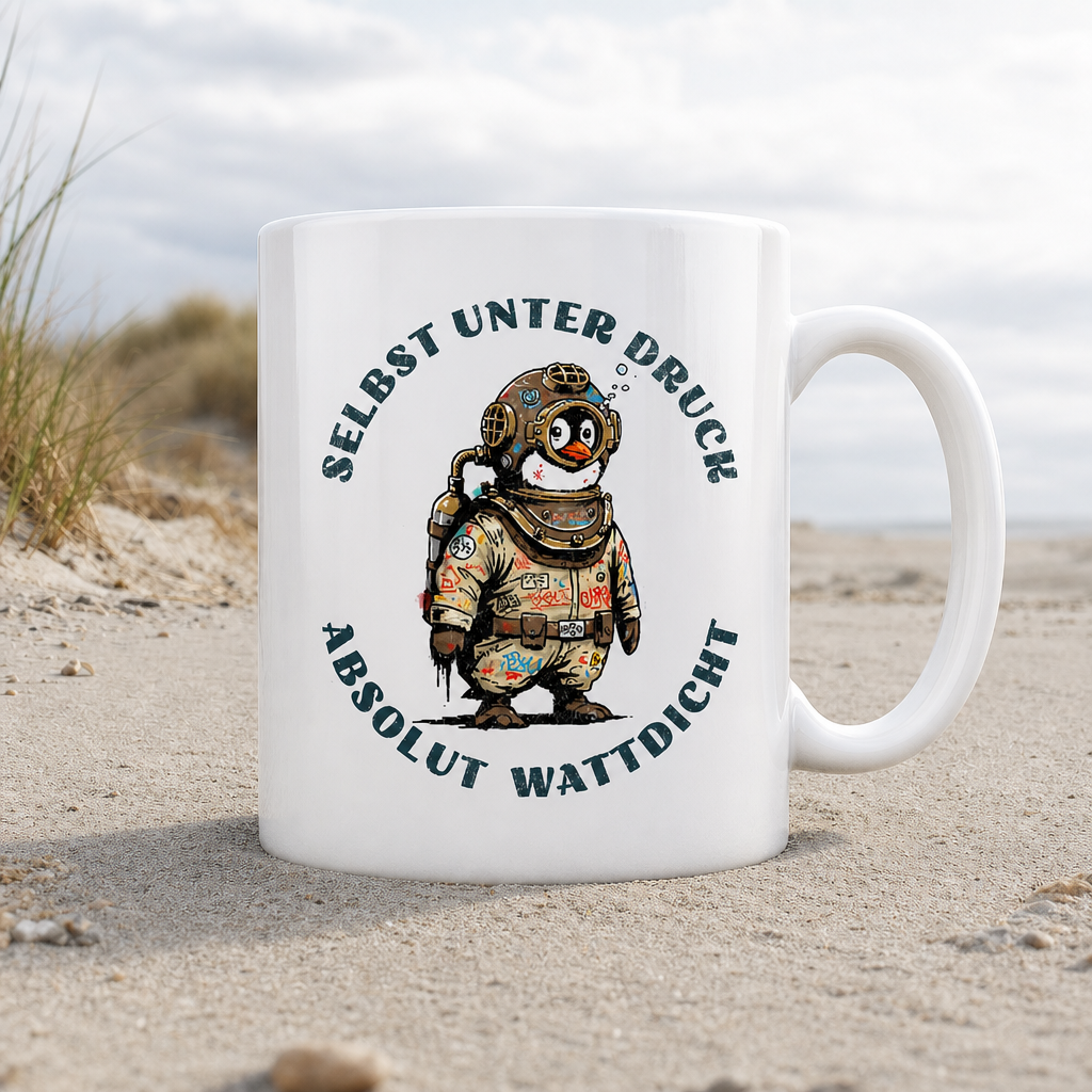 Wattdicht Pinguin Taucher mit lustigem Spruch - Tasse glänzend - White glossy - Küstenmode von Kiebitzdelle