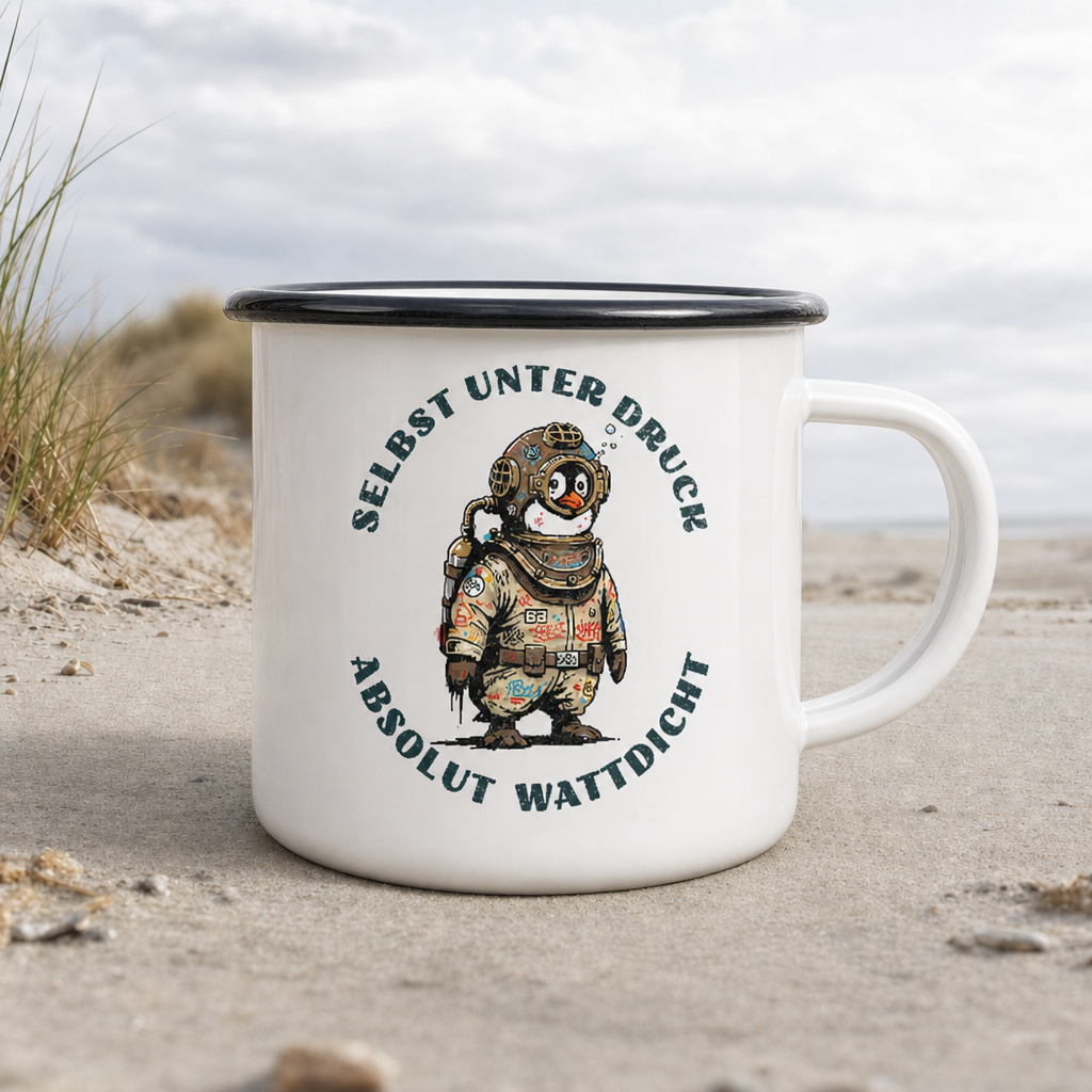 Wattdicht Pinguin Taucher mit lustigem Spruch - Emaille Becher - White - Küstenmode von Kiebitzdelle