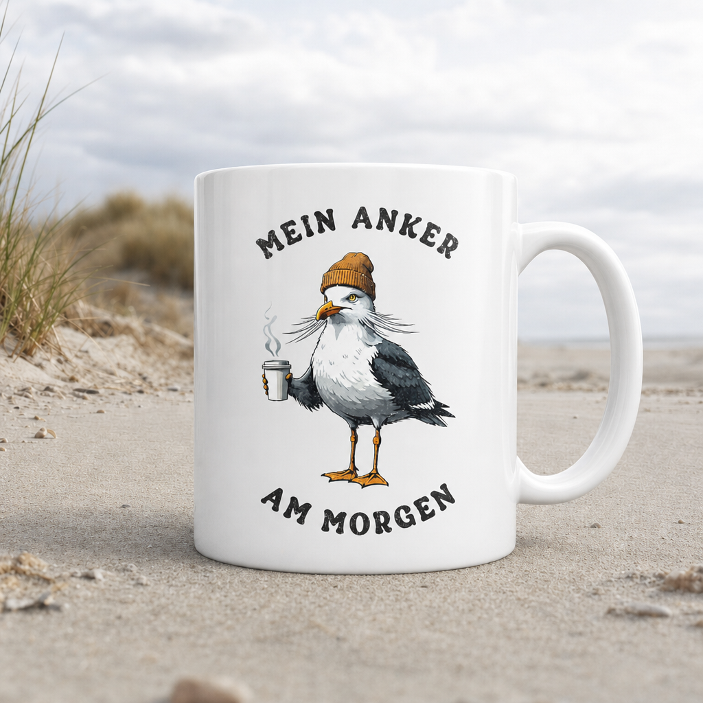 Mein Anker am Morgen Kaffee Möwe - Tasse glänzend - White glossy - Küstenmode von Kiebitzdelle
